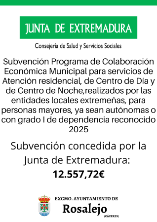 Imagen Subvención Programa de Colaboración Económica Municipal para servicios de Atención residencial, de Centro de Día y de Centro de Noche,realizados por las entidades locales extremeñas, para personas mayores, ya sean autónomas o con grado I de dependencia reconocido 2025