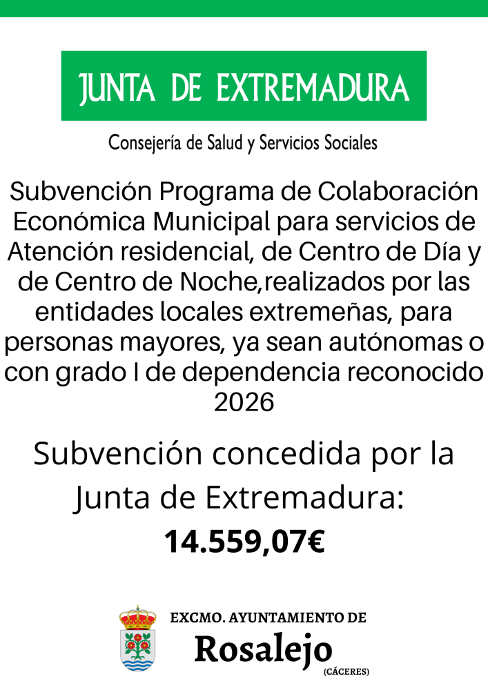 Imagen Subvención Programa de Colaboración Económica Municipal para servicios de Atención residencial, de Centro de Día y de Centro de Noche,realizados por las entidades locales extremeñas, para personas mayores, ya sean autónomas o con grado I de dependencia reconocido 2026